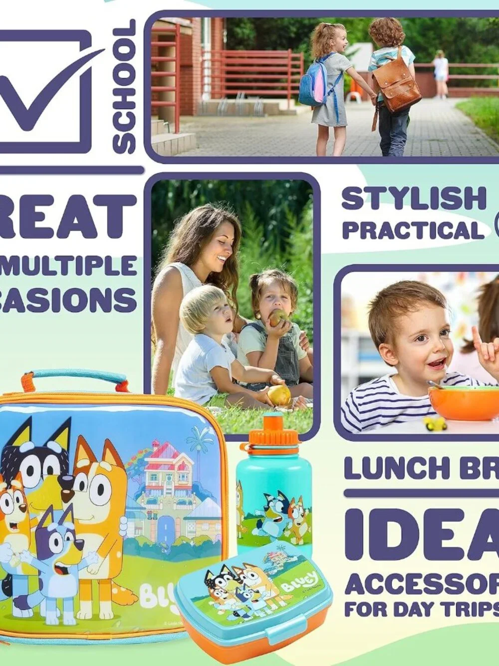 Bluey 3 Piece Kids Lunch Set Insulated Lunch Bag Snack Box BPA Free 430ml